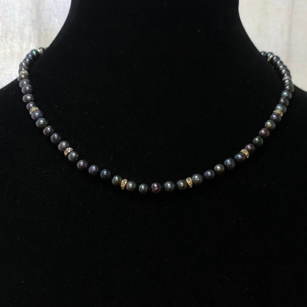 Danbury Mint Iridescent Black Pearl Necklace with Gold Spacers